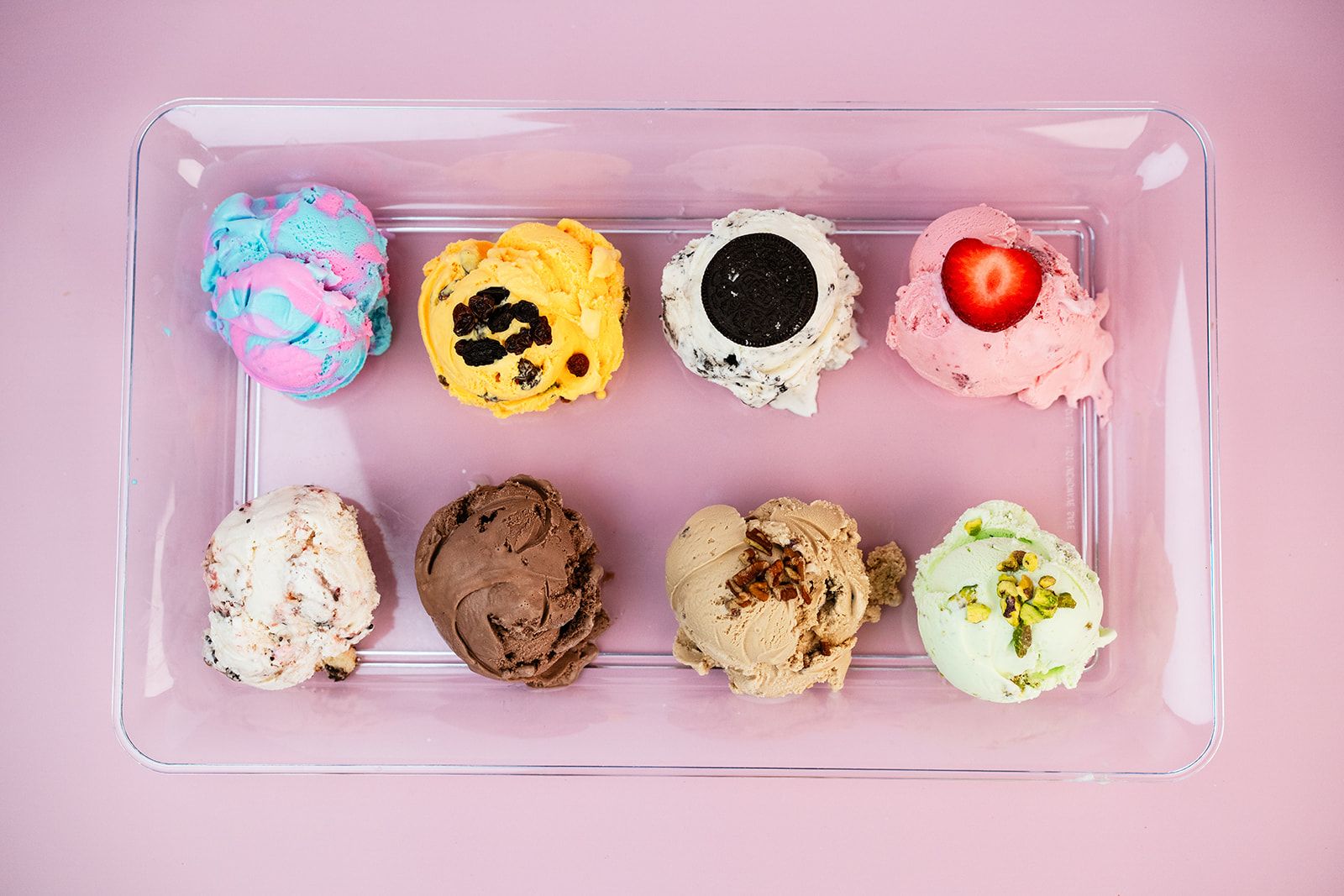 Las Delicias ice cream arranged in a wide row